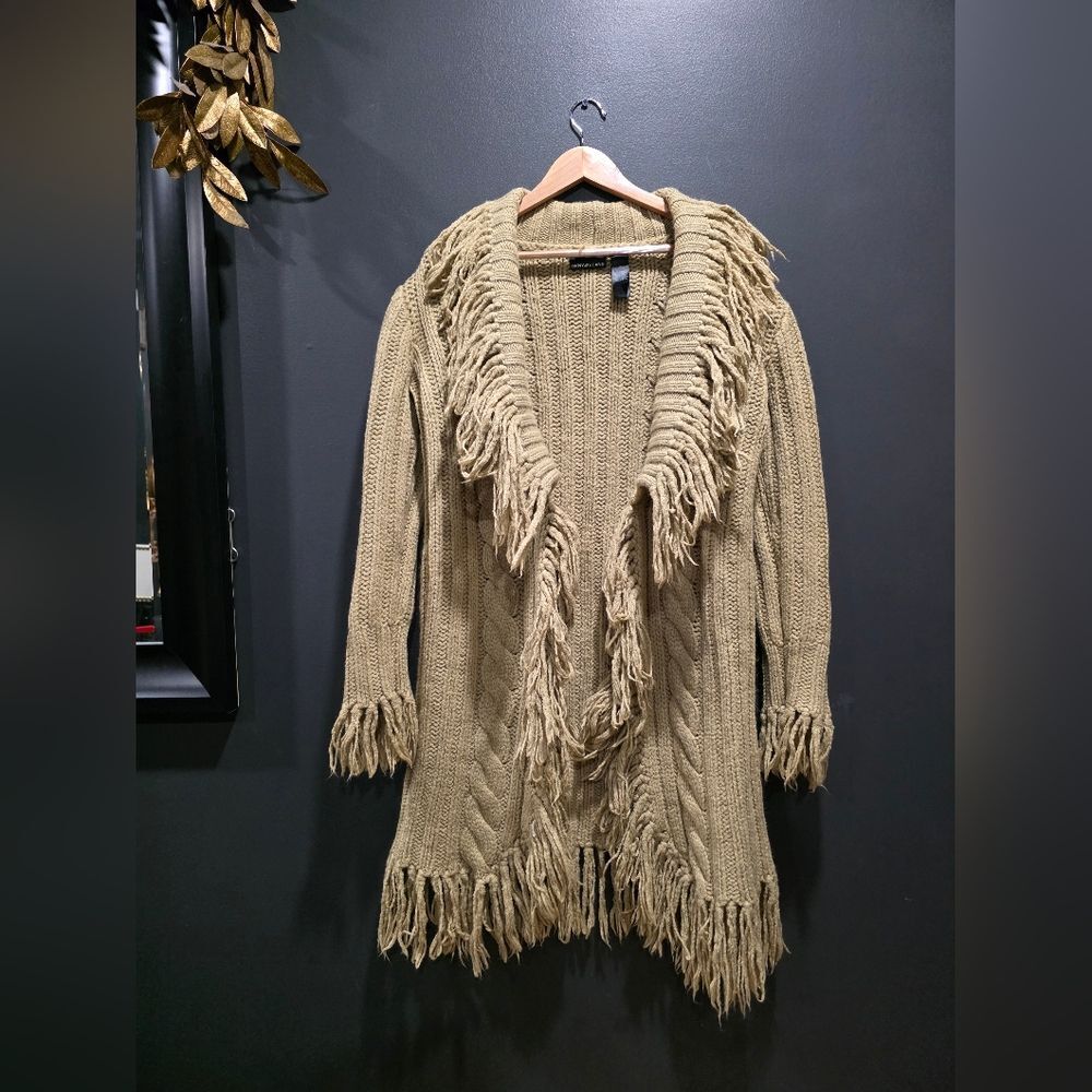 DKNY Tan Chunky Knit Fringe Trim Fisherman Reel Open Front Cardigan M